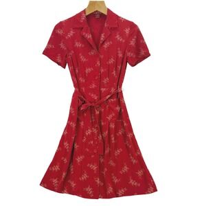 Sundance 100% Silk Shirt Dress 10p Red Pockets Tie Belt Knee Midi Romantic READ